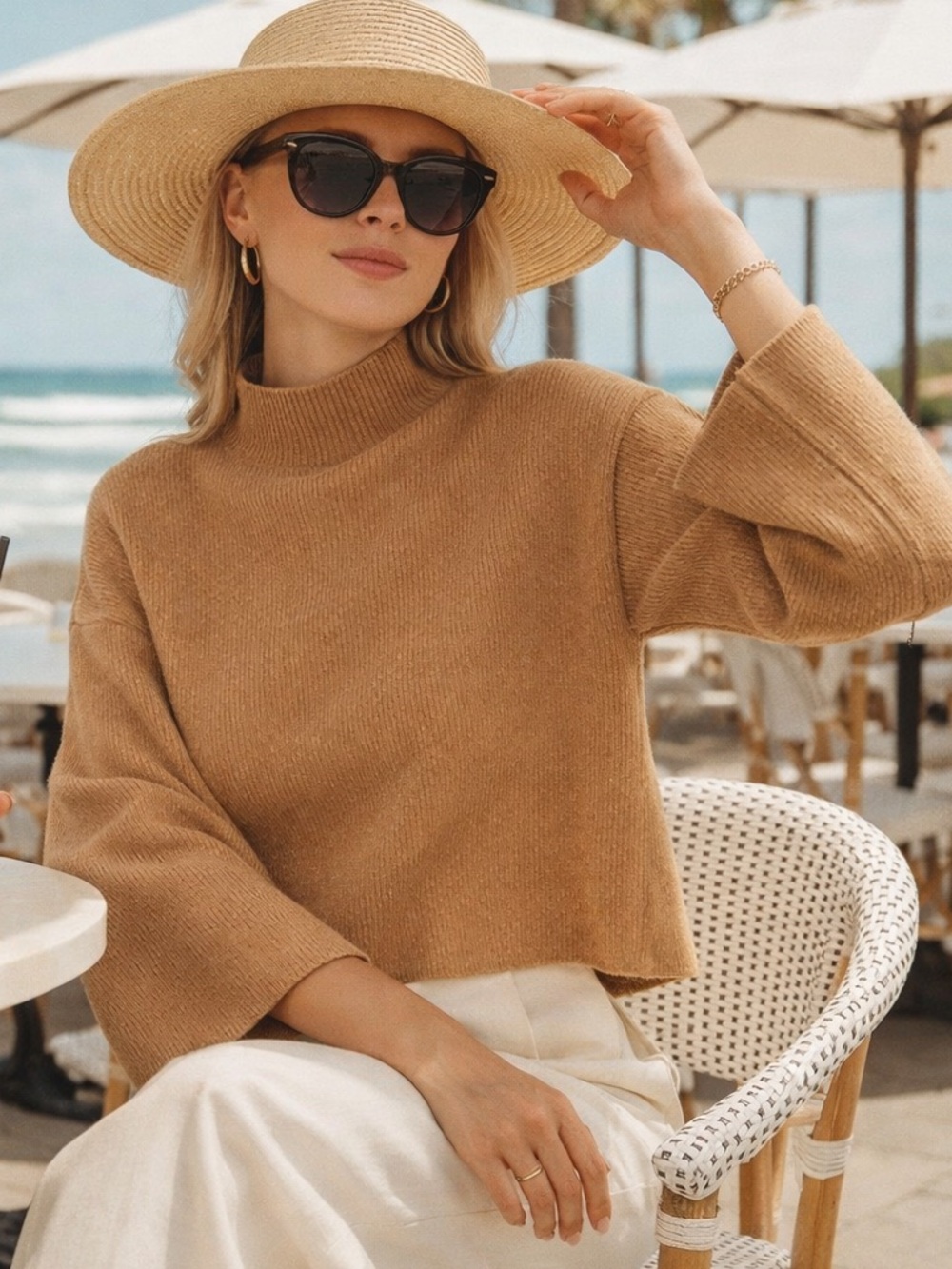 Brown Allan Camel Merino Wool Yak Ribbed Bell Sleeve High Neck Sweater Sz Small